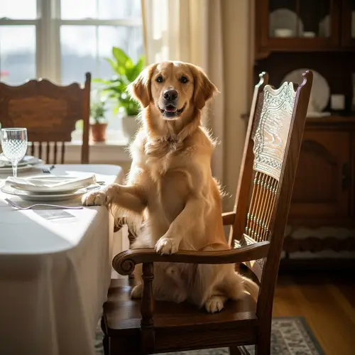 Friendly Golden Retriever Sitting on Wooden Chair