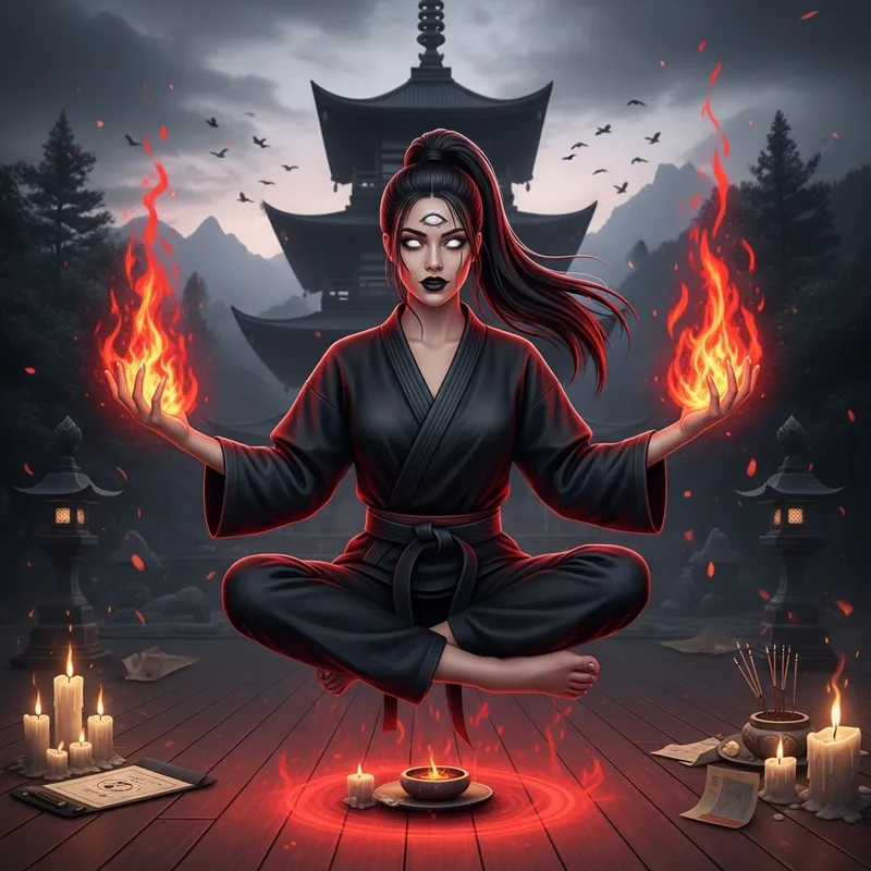 Levitating Japanese-American Cosmic Deity in Martial Arts Attire with Hellfire