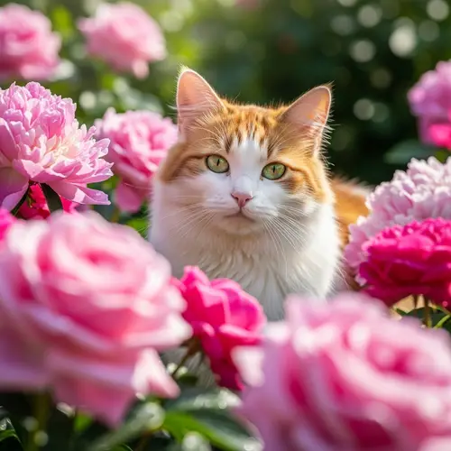Cat Surrounded by Pink Flowers