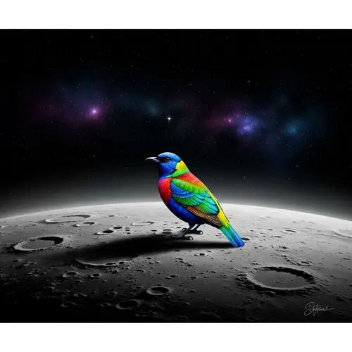 Colorful Bird on Lunar Landscape - Stunning Contrast View
