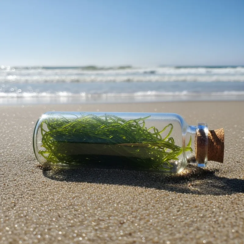 Sea Moss Bottle on Beach - Natural Freshness in a Clear Container