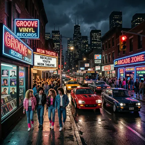 Vibrant Retro 80s Street Scene: Neon Signage, Vinyl Records & Arcade Games