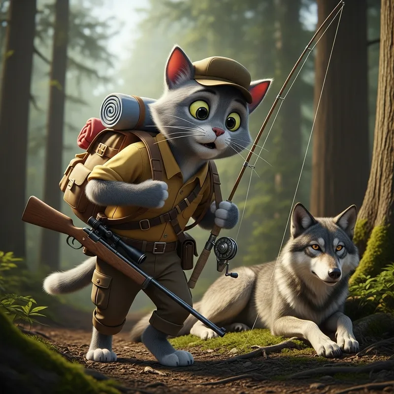 Realistic Grey Cat Explorer with Rifle and Wolf Encounter Realistic Grey Cat Explorer with Rifle and Wolf Encounter