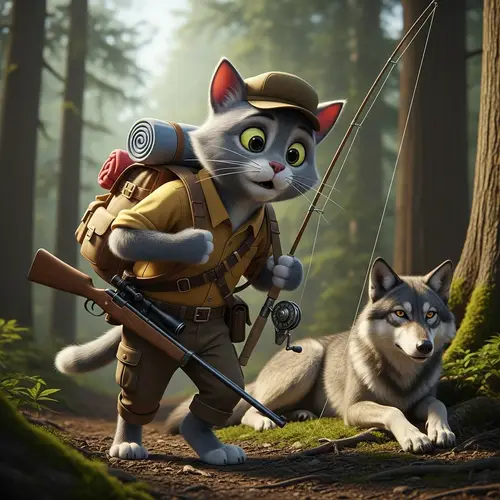 Adventurous Grey Cat with Rifle and Wolf in Forest