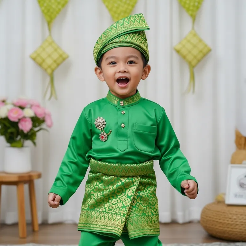 Muslim Kid in Traditional Hari Raya Outfit | Festive Celebration