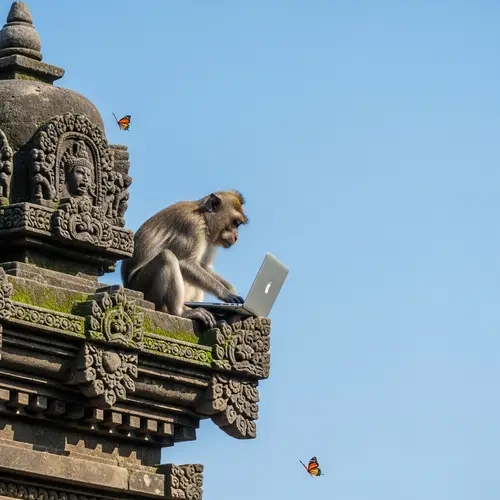 Curious Monkey Operating Laptop on Ancient Temple | Website Name