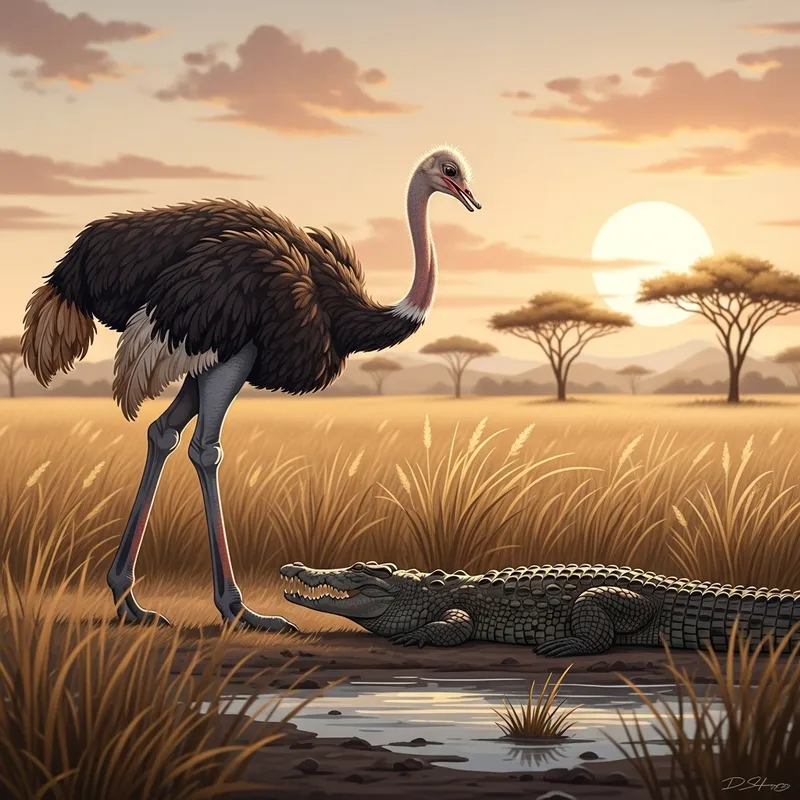 Ostrich vs Crocodile: African Savannah Encounter