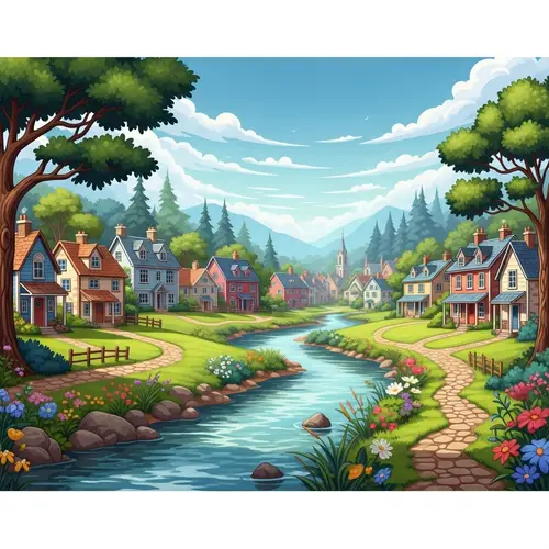 Picturesque Village Illustration Surrounded by Nature