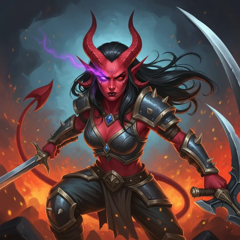 Intense Female Tiefling Barbarian Battle Scene