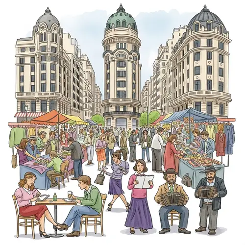 Buenos Aires Street Scene: Diverse Urban Life in Watercolor