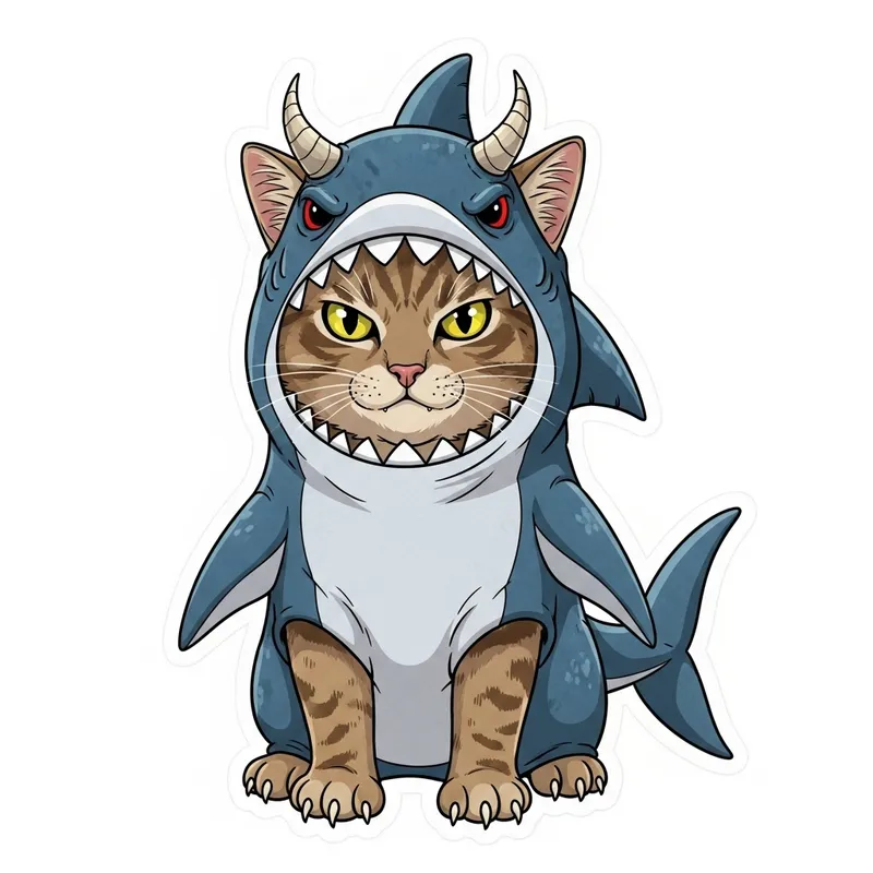 Animated Angry Cat Shark Costume Sticker | Unique Design Animated Angry Cat Shark Costume Sticker | Unique Design