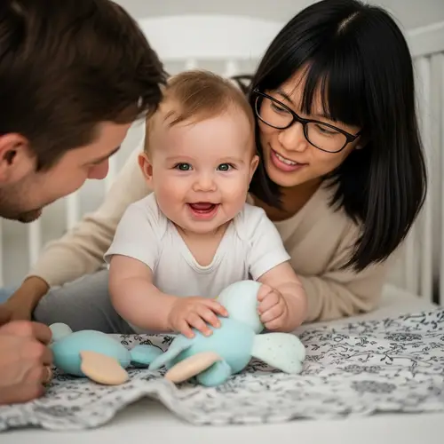 Cute Baby with Caucasian and Hispanic Roots Playing in Cot