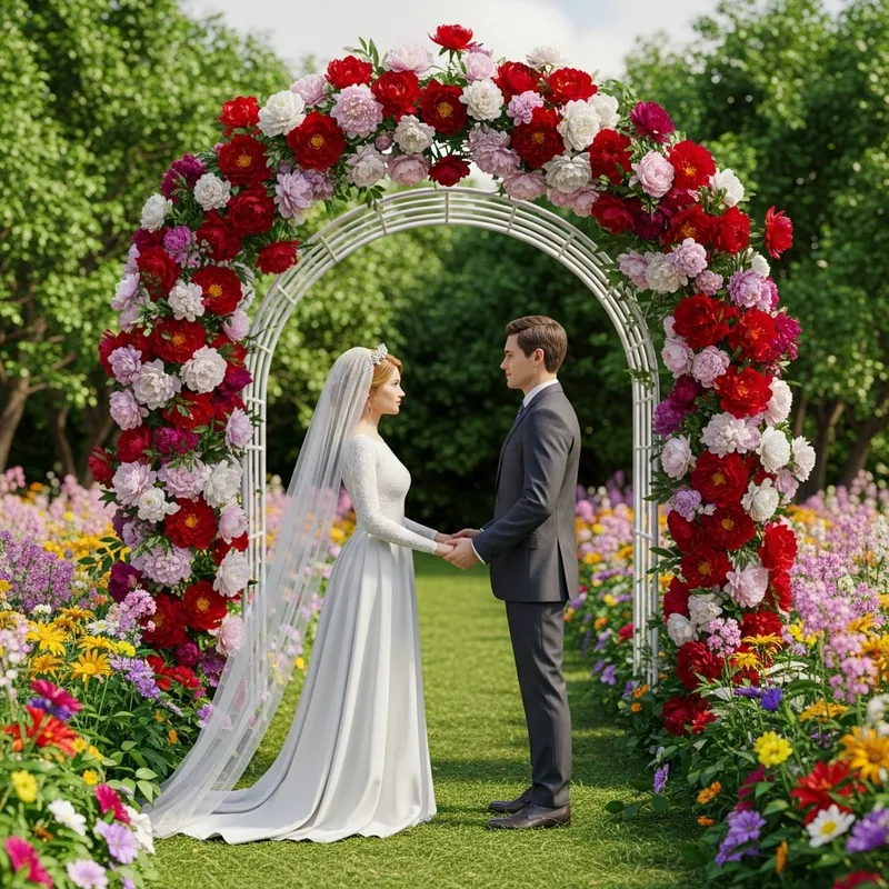 Enchanting Wedding Scene in Lush Floral Garden
