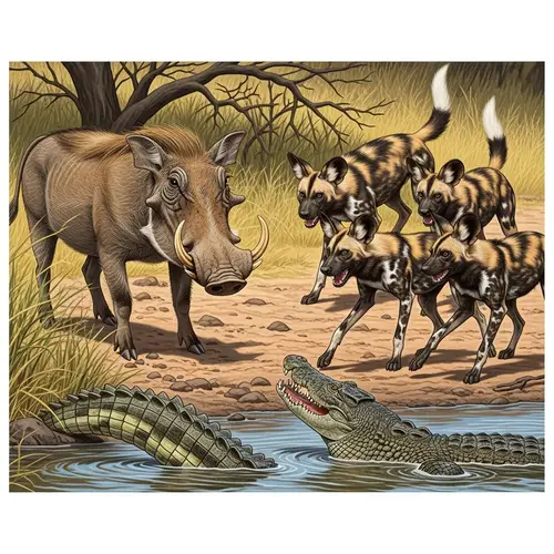 Intense Wildlife Encounter: Warthog vs. Wild Dogs vs. Crocodile