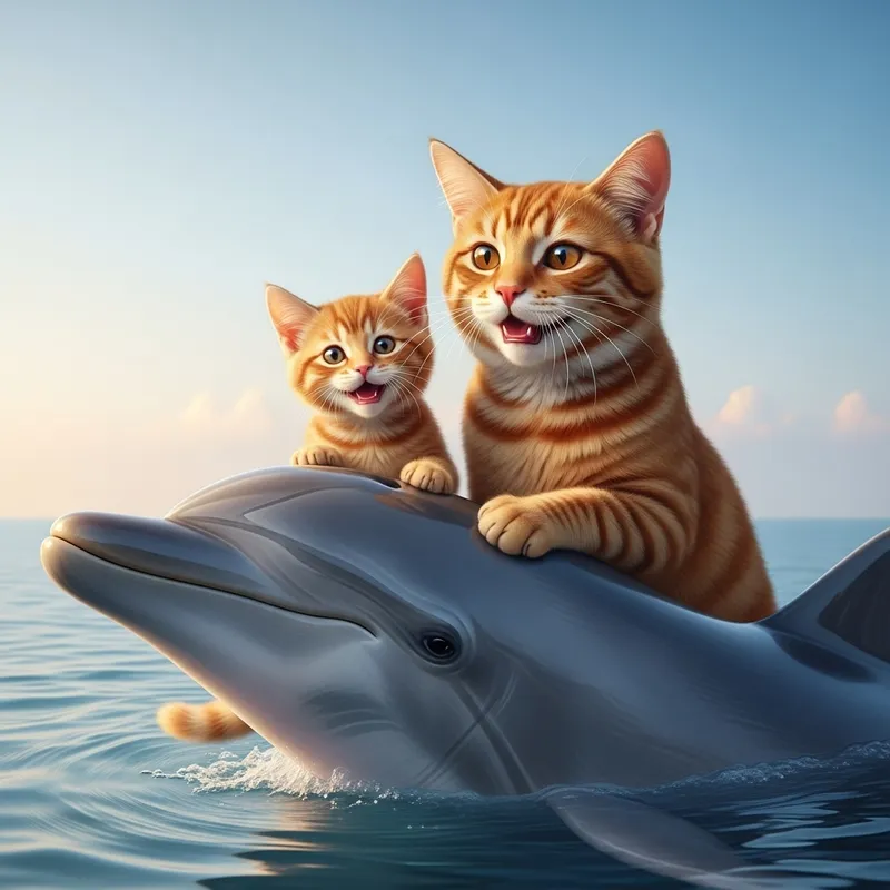 Realistic Auburn Cat and Kitten Stroking Dolphin by Seaside