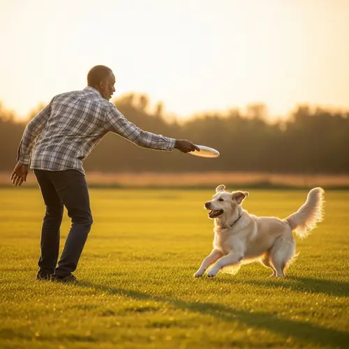 Serene Sunset Scene: Man Playing Frisbee with Golden Retriever