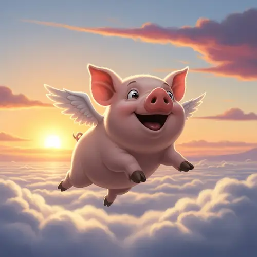 Cheerful Flying Pig Soars Above Clouds at Sunset