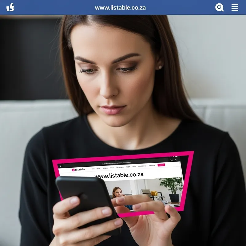 Captivating Brunette Woman immersed in Phone Displaying Listable.co.za