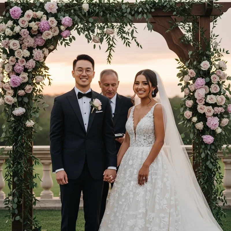 Capturing the Magical Moment: Wedding Photo of Couple Under Floral Archway
