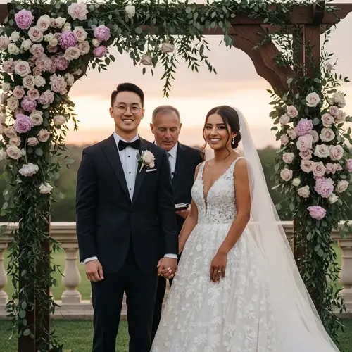 Charming Wedding Photo of Asian Man and Hispanic Woman