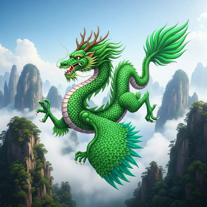 Emerald Chinese Dragon Soaring Through Sky Over Majestic Mountains Emerald Chinese Dragon Soaring Through Sky Over Majestic Mountains
