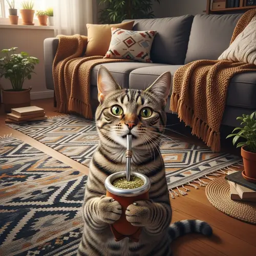 Feline sipping yerba mate in cozy living room setting