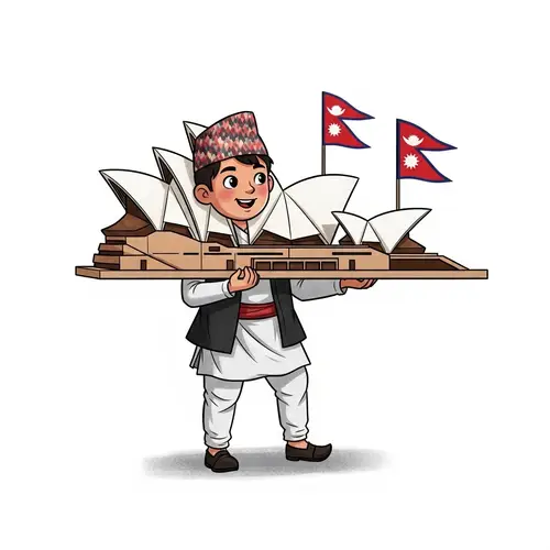 Nepalese Boy Carrying Sydney Opera House Model