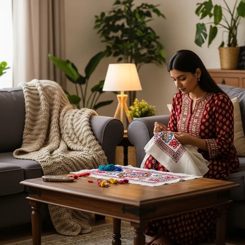 Beautiful Woman Embroidering in a Cozy Room Beautiful Woman Embroidering in a Cozy Room