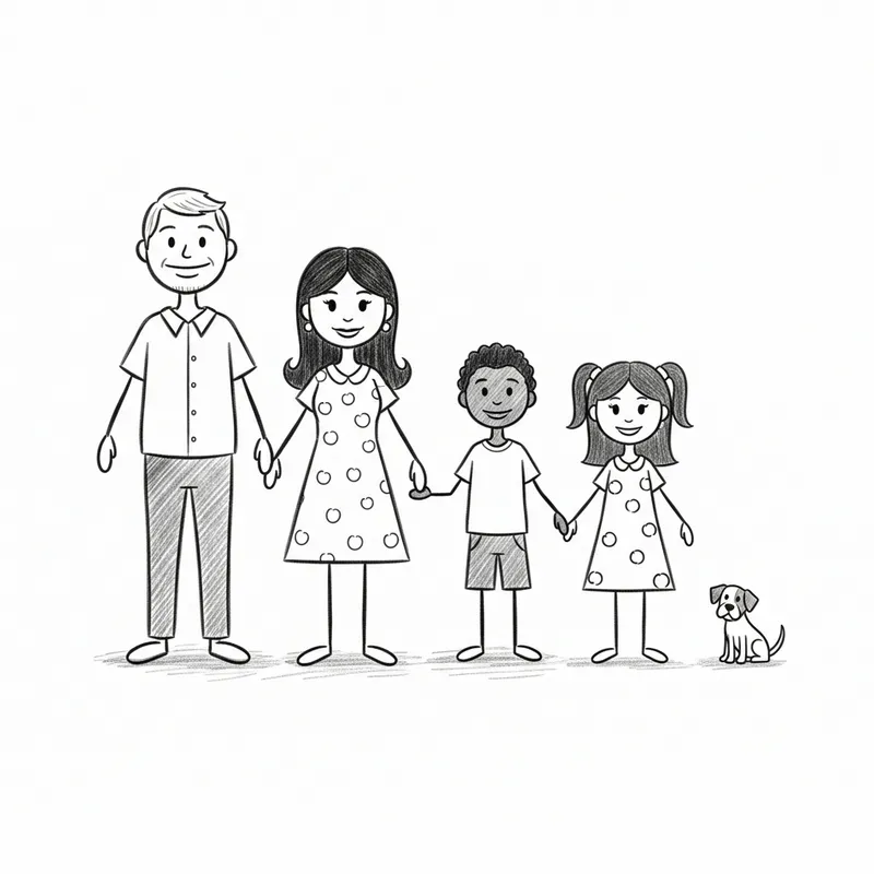 Stick Figure Family Drawing of Me, My Wife, Son, Daughter, and Dog