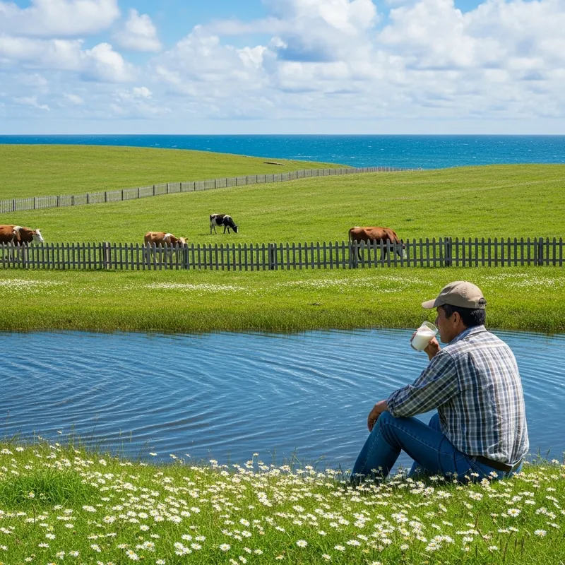 Tranquil Farm with Cows by the Pacific Ocean - Man Enjoying Kefir Drink Tranquil Farm with Cows by the Pacific Ocean - Man Enjoying Kefir Drink