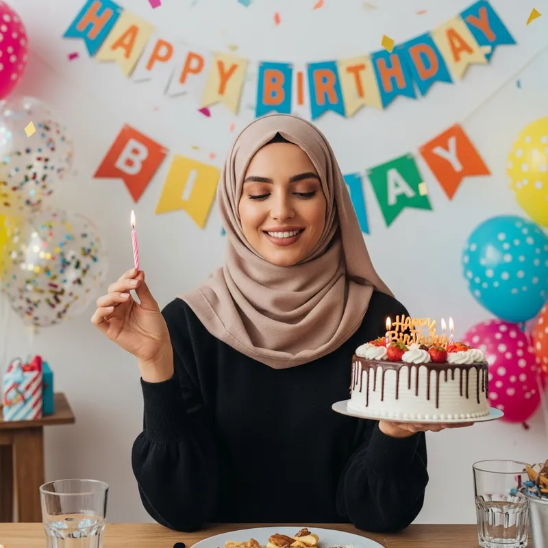 Muslim Lady Celebrates Birthday with Traditional Hijab and Cake