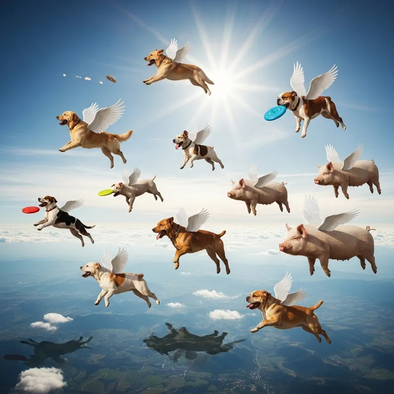 Flying Dogs and Pigs: Playful and Whimsical Scene Flying Dogs and Pigs: Playful and Whimsical Scene