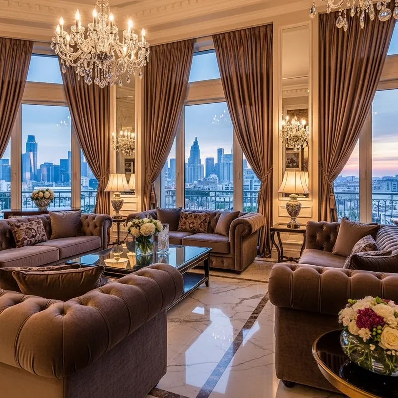 Luxurious Living Room with City View at Sunset