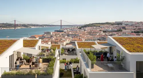 Roof Deck Apartment Complex with Lush Public Spaces and Lisbon View