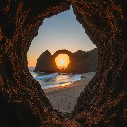 Serene Beach View Through Rocky Cliffs at Golden Hour