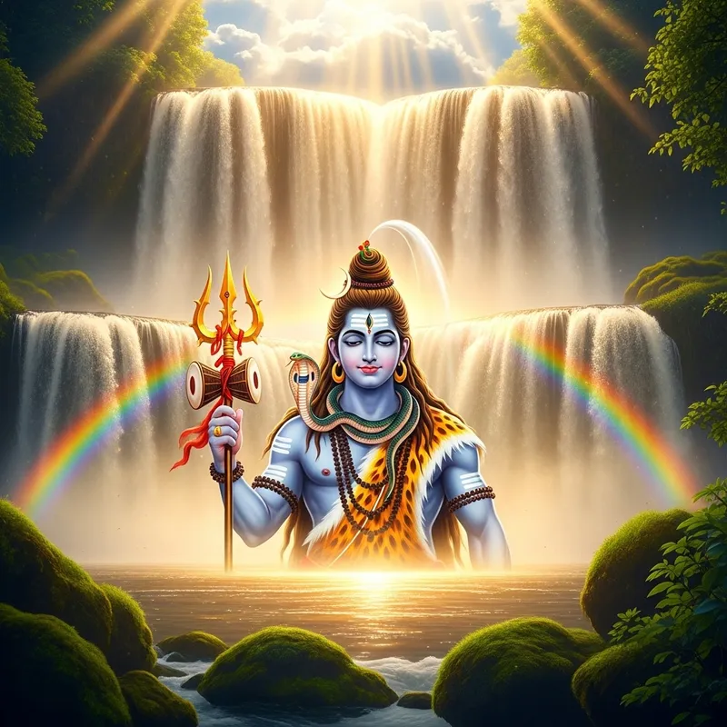 Lord Shiva in Front of Waterfall: Mystical Scene with Vivid Colors