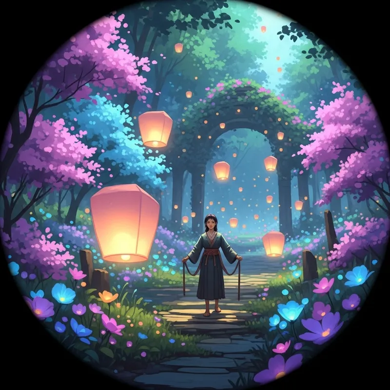 Mystical Garden of Floating Lanterns and Glowing Flowers