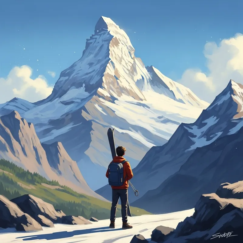 Determined Scholar Confronting Majestic Mountain Range