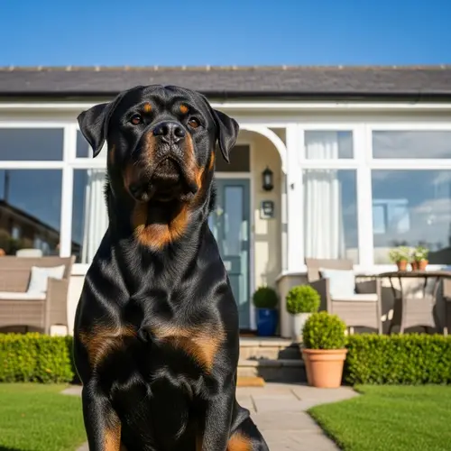 Majestic Rottweiler Sitting in Front of Welcoming House