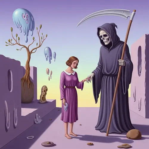 Surreal Dreamscape with Gentle Grim Reaper: An Ode to Surrealism