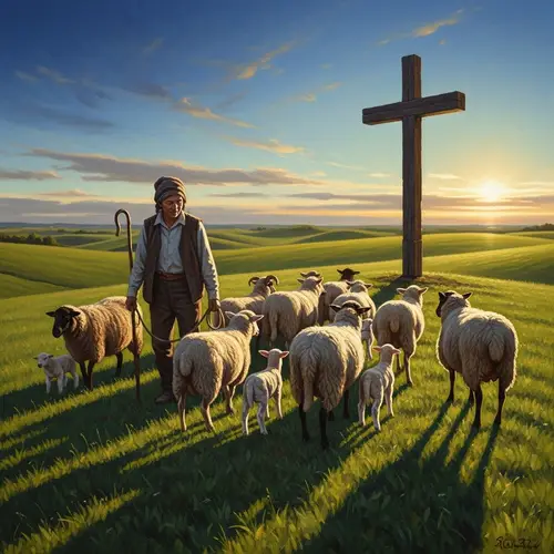 Diverse Shepherd Leading Sheep to Wooden Cross in Green Pastures