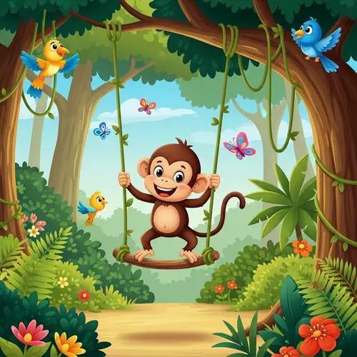 Cartoon Monkey Swinging in Lively Jungle - Fun Wildlife Scene