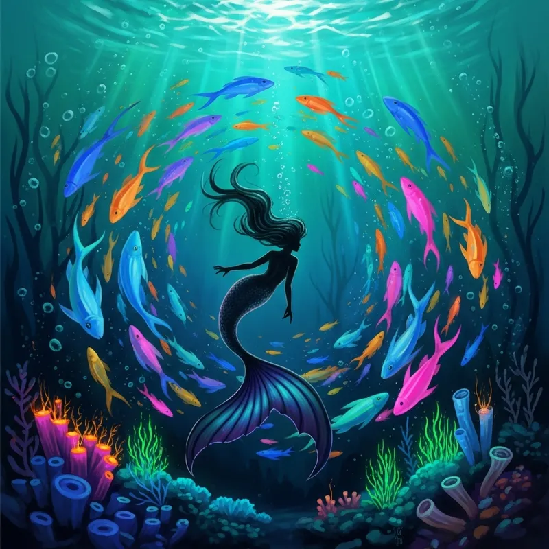 Surreal Underwater Mermaid Fantasy with Colorful Fish