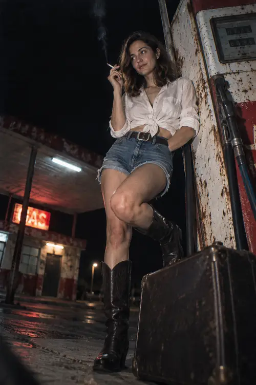 Cinematic Night Scene at Abandoned Gas Station
