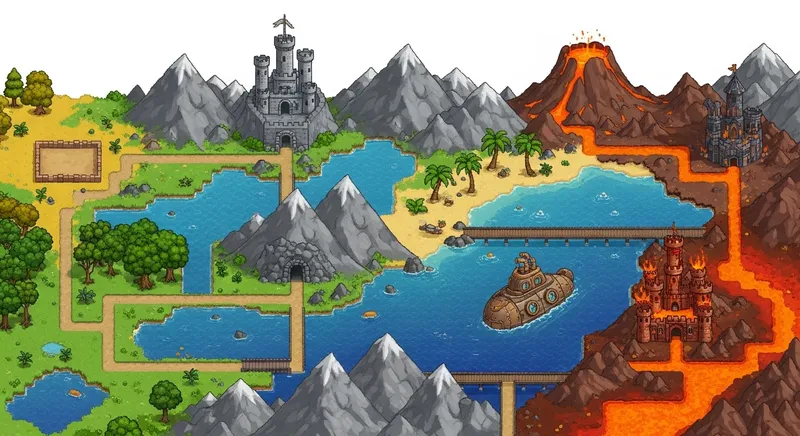 Adventure Pixel Landscape: Plain, Oak Forest, Castle, Beach, Volcano Adventure Pixel Landscape: Plain, Oak Forest, Castle, Beach, Volcano