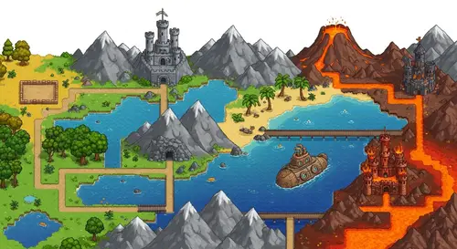 Pixel Art Adventure Landscape: Plain, Oak Forest, Castle, Beach, Volcano
