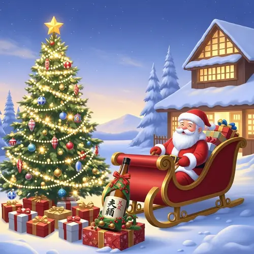 Japanese Christmas Tree & Santa Sleigh Scene - Festive Fusion Art