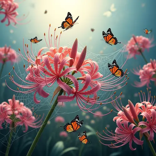 Vivid Spider Lily Bloom with Butterflies