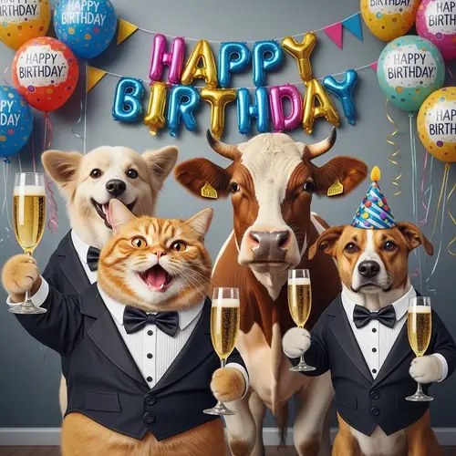 Fun Birthday Celebration with Cat, Cow, and Dog in Tuxedos