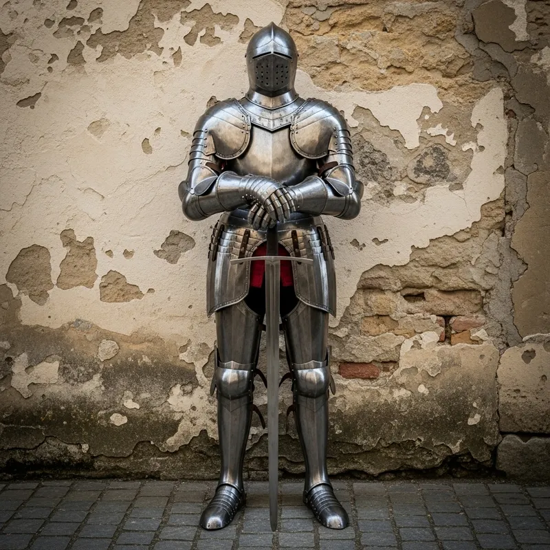 Medieval Armor and Two-Handed Sword Displayed Against Wall